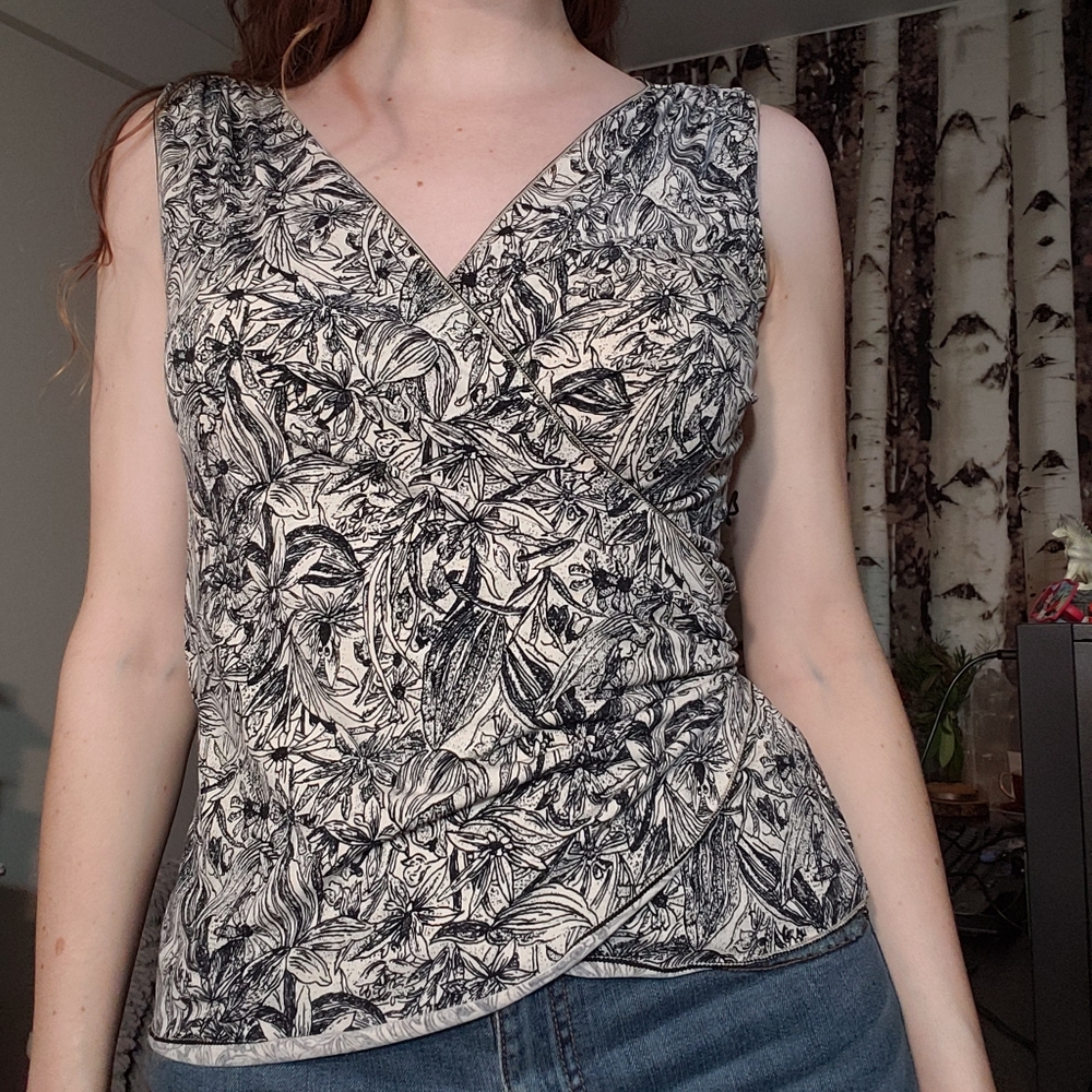 Black and white floral wrap top